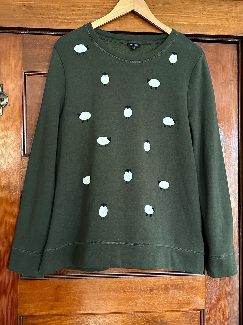 Talbots Novelty Sheep Embroidered Crewneck Fleece Sweatshirt Size Large Green